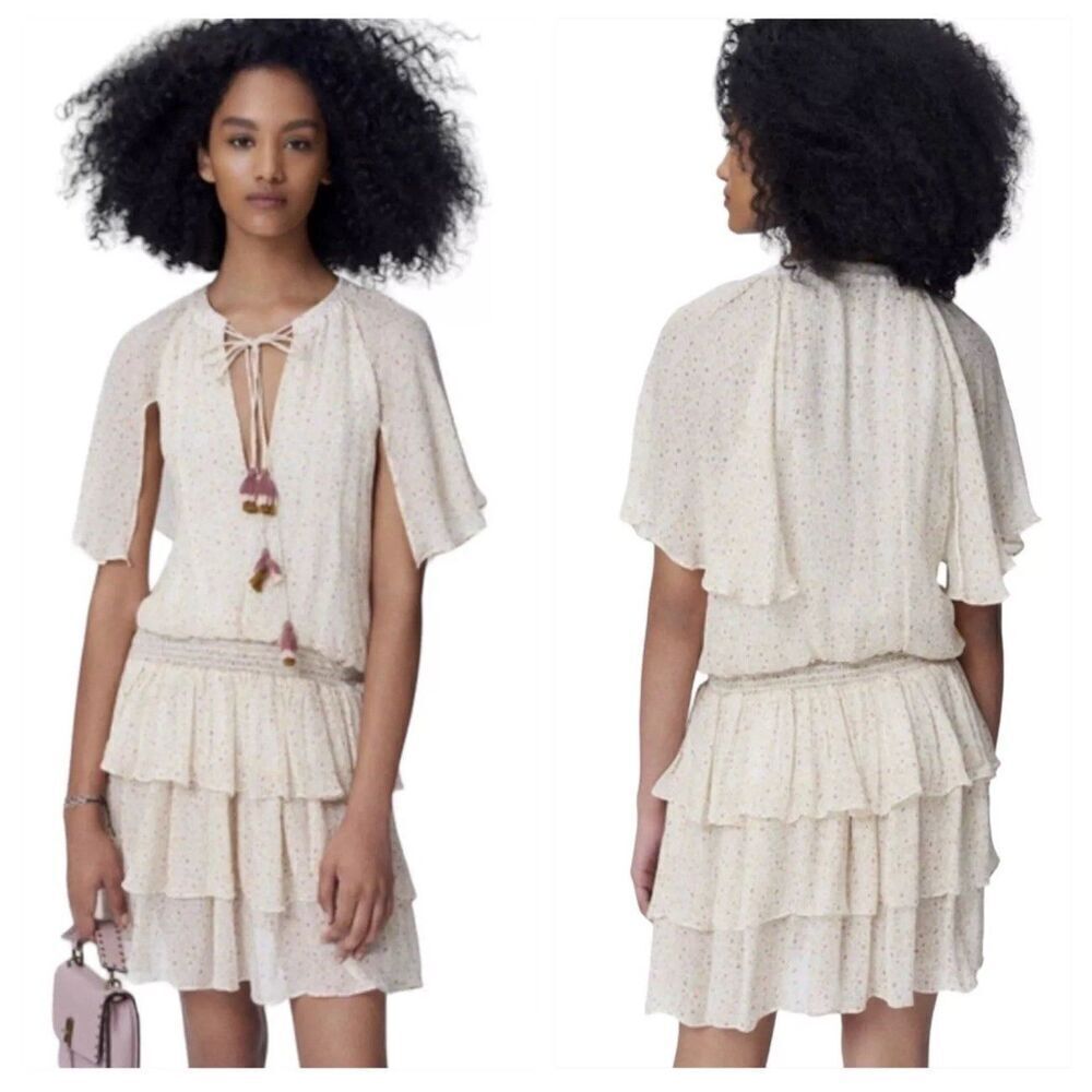 Rebecca Minkoff Cream & Purple Floral Crepe Dress w/ Tassel Tie Size M Fairy